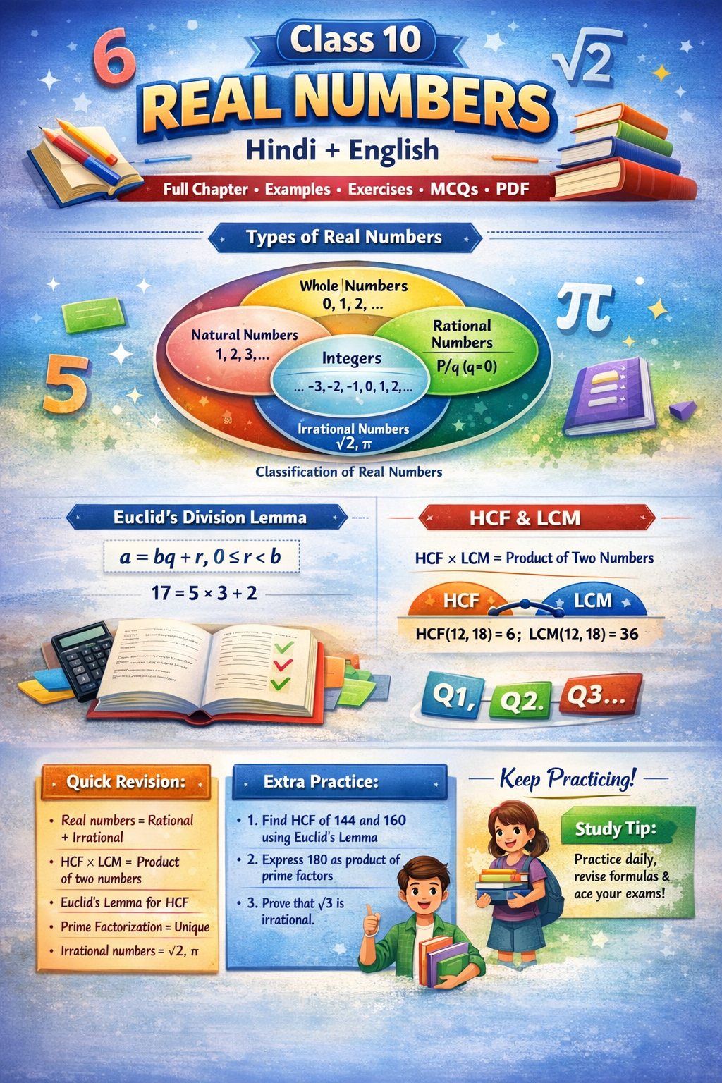 Real Numbers Class 10 Maths NCERT Solutions - Hindi + English Infographic